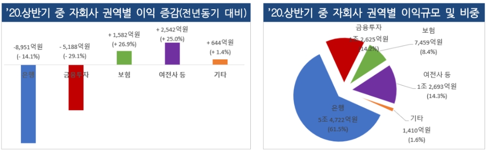 2020년 상반기 금융지주 자회사 권역별 이익 증감 및 이익규모. /자료=금감원