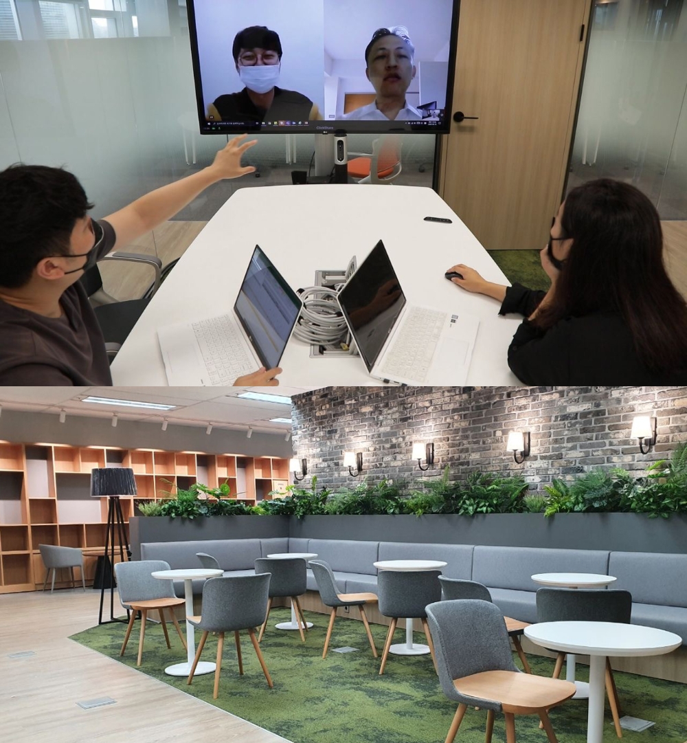 (위) 한화시스템의 화상회의 (아래) 한화시스템 오픈 라운지/사진=한화시스템