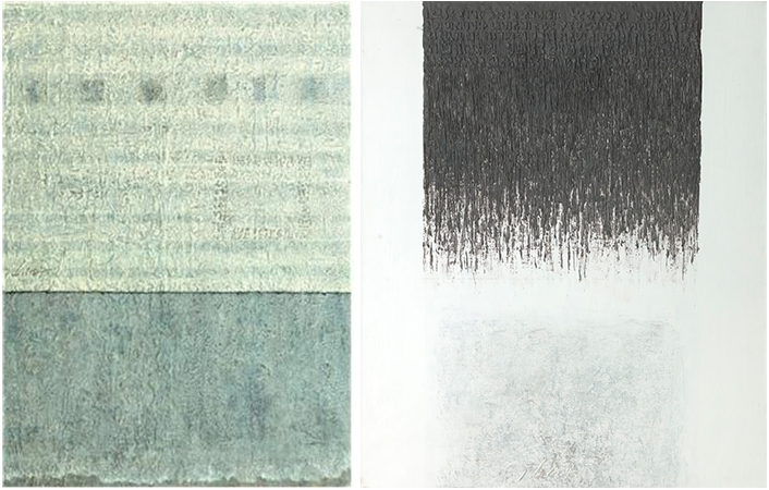 김성수作. 좌) creation & extinction. 53x45.5cm. mixed media on canvas. 2021 / 우) creation & extinction. 72.8x53cm. mixed media on canvas. 2020