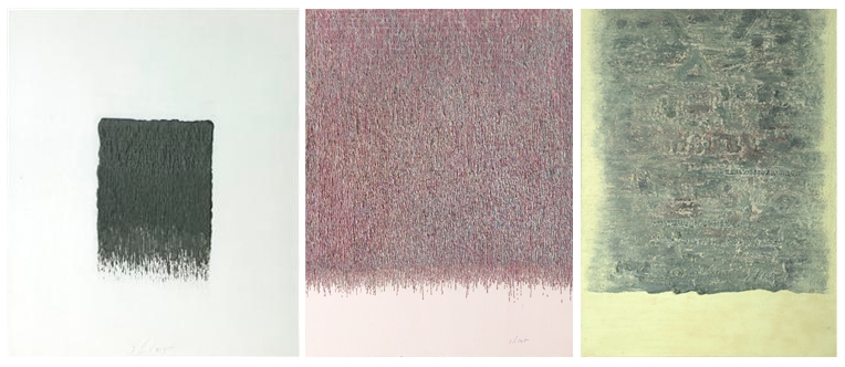 김성수作. 왼쪽부터 1.creation & extinction. 53x45.5cm. mixed media on canvas. 2021 / 2. creation & extinction. 116.7x90.7cm. mixed media on canvas. 2021 / 3. creation & extinction 72.6x52.8cm. mixed media on canvas. 2020