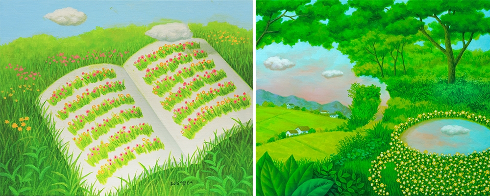 좌) 양태숙作. 꽃의 일기. 31.8x40.9cm. oil on canvas. 2016우) 양태숙作. 노을 한잔. 60.6x72.7cm. oil on canvas. 2020