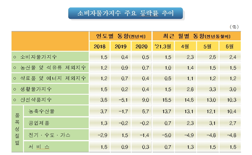 6월 소비자물가 전년비 2.4% 상승...3개월 연속 2%대 나타냈으나 5월 보다 상승폭 축소 (1보)