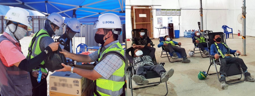 반도건설 현장소장과 직원들이 무더위에 지친 근로자들에게 아이스크림과 얼음물을 나눠주고 있다(왼쪽). 무더위 시간대 냉방시설이 구비된 휴게공간에서 휴식을 취하는 현장 근로자들(오른쪽) / 사진=반도건설