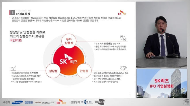 ▲신도철 SK리츠 대표이사가 18일 온라인 IPO 기업설명회를 진행하고 있다./ 사진=SK리츠