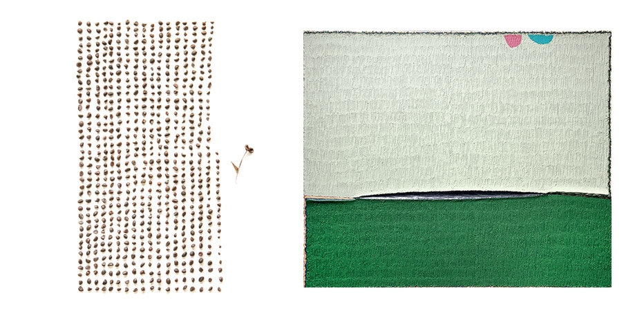 좌) 강술생, 동백 씨앗 – 잊혀지는 숫자 헤아리기, 114*114cm, 디지털 프린트, 2020 우) 권순익, 積·硏(적연)-틈(1-02)_72.7x53cm_Mixed media on canvas_2021