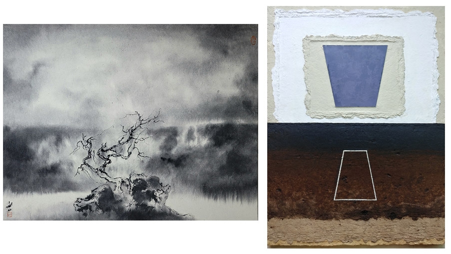 좌) 김반산, A sound the earth. 90.9x72.7cm. 종이에 수묵 담채. 2021 우) 김해곤, 두 개의 문, 54×73cm, 혼합재료, 2021