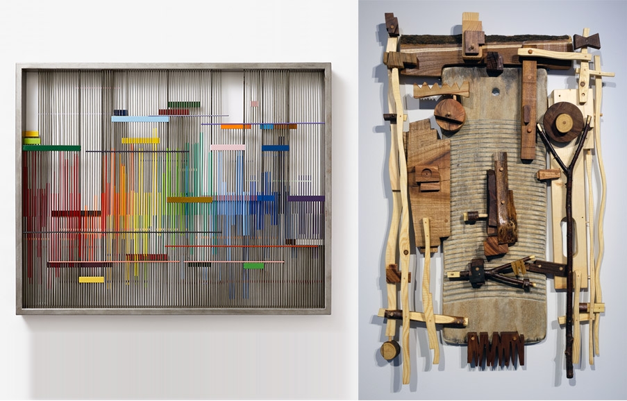 좌) 김혜영, 불가능한 가능성 #8, 72×91, 금속와이어에 아크릴, 2020 우) 원상호, 블럭 놀이-삶 Block Play-Life .55x70cm wod oil. 2021