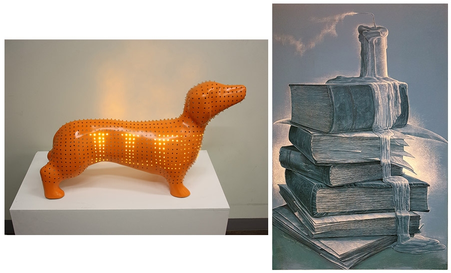 좌) 이종근, Day break, 78 X 117 cm, Acrylic, scratching, 2020.우) 이재형, BENDING MATRIX_Dashhund / FRP, LED/900 x 30 x 50cm / 2014