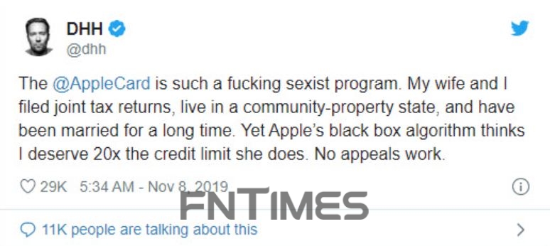 트위터 이용자 데이비드 핸슨은 애플 카드 신용 한도가 인공지능(AI) 알고리즘에 따라 성별 차이가 발생한다고 비판해 많은 네티즌의 공감을 받았다./사진=트위터 화면 갈무리