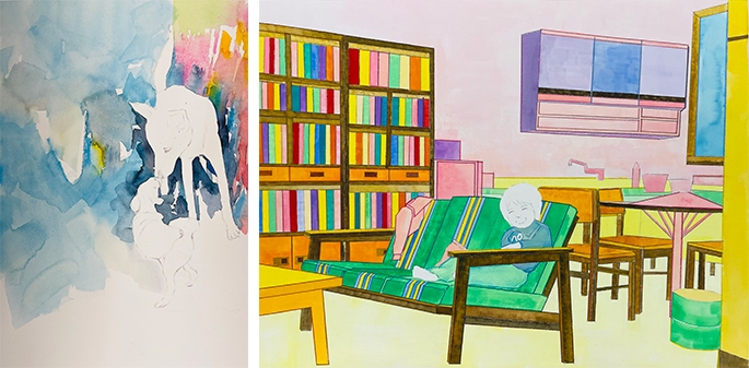 좌) at home 2 watercolor on paper 31cm.46cm 2021우) 우리에게도 저런 시절이 있었네 3 watercolor on paper 130cm.90cm 2021