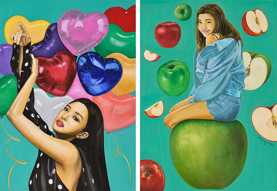 좌) 〈사랑하기 좋은날.〉 90.9×65.1㎝. 캔버스에 아크릴. 2021우) 〈내 사과를 받아줘.〉 90.9×65.1㎝. 캔버스에 아크릴. 2021