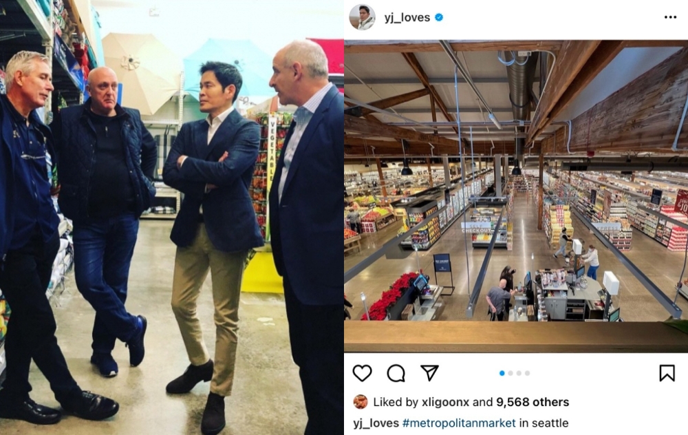 2019년 정용진 신세계그룹 부회장(왼쪽에서 세번째)이 그레그 포란 월마트 미국법인 CEO(왼쪽 첫번째) 등과 매장 운영 등에 대해 의견을 나누는 모습과 메트로폴리탄 마트 전경./ 사진제공 = 정용진 신세계그룹 부회장 인스타그램