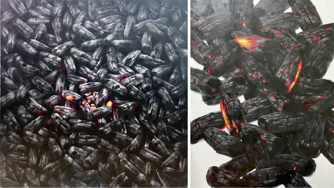 좌) 잉걸_ second wind(열기), 91x91, oil on canvas,2021 우) 잉걸_ second wind(불), 90.5x116, oil on canvas,2021