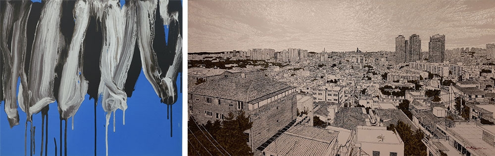 좌) 일호 갤러리_ 이건용, The Method of Drawing, 56x48cm, 실크스크린70_100, 2018 / 우) 갤러리줌_ 우병출, Seeing. 2020. Oil on canvas. 193.9 x 97