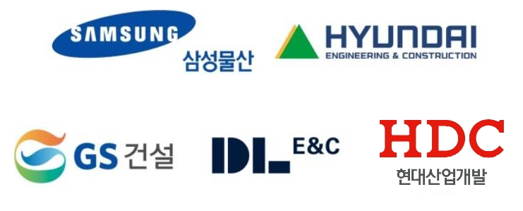 (왼쪽 첫 번째부터 시계방향으로) 삼성물산·현대건설·HDC현대산업개발·DL이앤씨·GS건설 CI / 자료제공=각 건설사