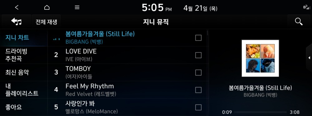 현대-기아차에서 이용할 수 있는 지니뮤직 서비스 화면. 사진=지니뮤직