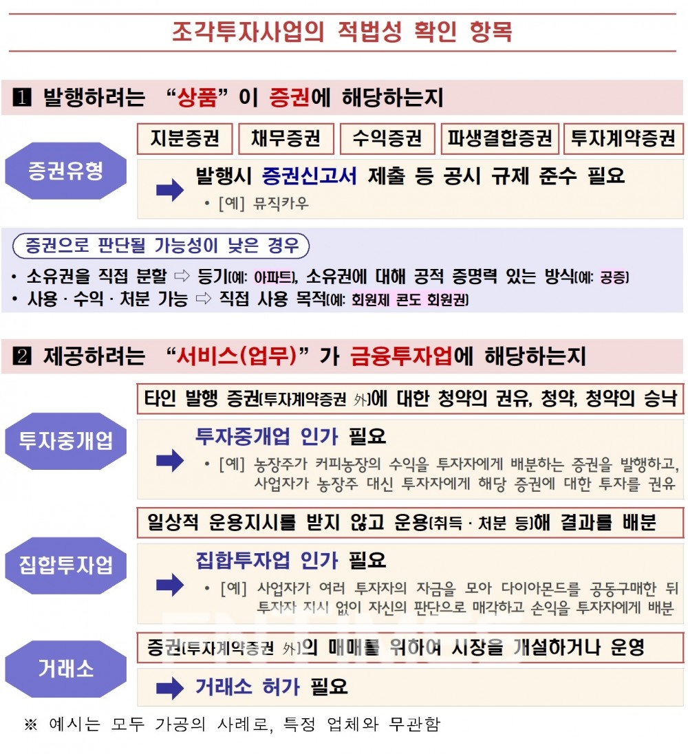 조각 투자 사업의 적법성 확인 항목./자료=금융위원회(위원장 고승범)의 '조각 투자 등 신종증권 사업 관련 가이드라인'