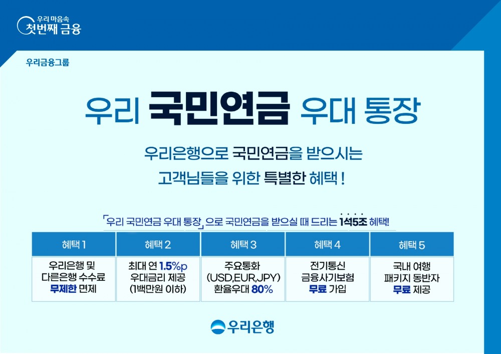 우리은행은 ‘우리 국민연금 우대통장’을 출시했다. / 자료제공=우리은행