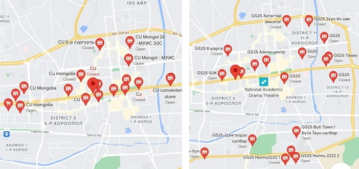 몽골 울란바토르 시내에 위치한 국내 편의점, (왼쪽부터) CU, GS25 분포도./사진=구글 맵 캡처