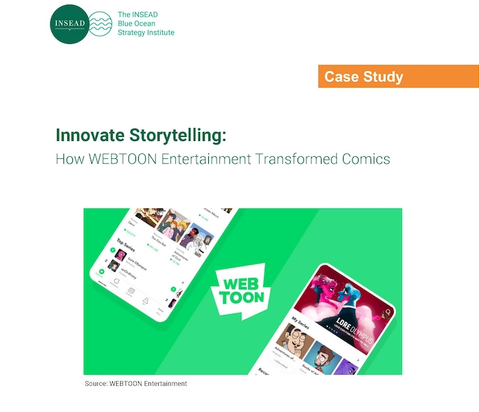 프랑스 경영대학원(MBA) 인시아드(INSEAD)의 블루오션전략 연구소에서 네이버웹툰의 성장 전략을 담은 케이스 스터디 ‘ 혁신적 스토리텔링 : 웹툰엔터테인먼트는 어떻게 만화 시장을 변화시켰나 (Innovate Storytelling: How Webtoon Entertainment Transformed Comics)’ 를 발간했다. 사진=네이버웹툰