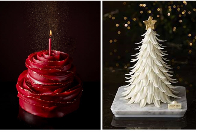 신라호텔 얼루어링 윈터 케이크(왼쪽)와 조선팰리스 서울 강남 ‘화이트 트리 스페셜 케이크’. 사진 제공=각 사