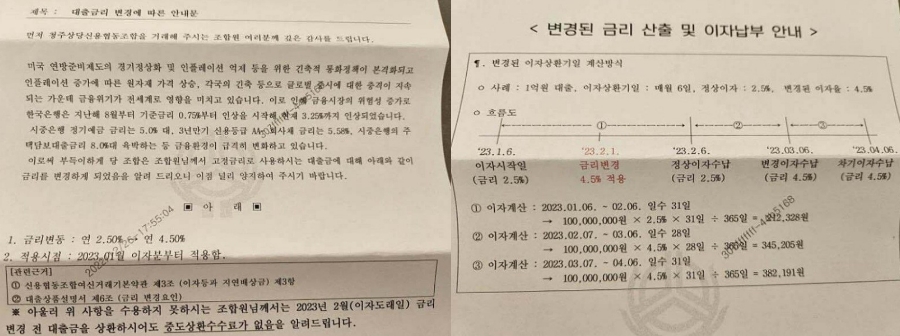 청주상당신협이 일정 기간 금리가 유지되는 조건으로 대출을 받은 고객에게 고정금리를 올리겠다는 안내 공문을 보냈다가 철회하는 사건이 발생했다. 사진은 청주상당신협이 지난 28일 고객에게 보낸 대출금리 변경에 따른 안내문. /사진=온라인 커뮤니티 화면 갈무리