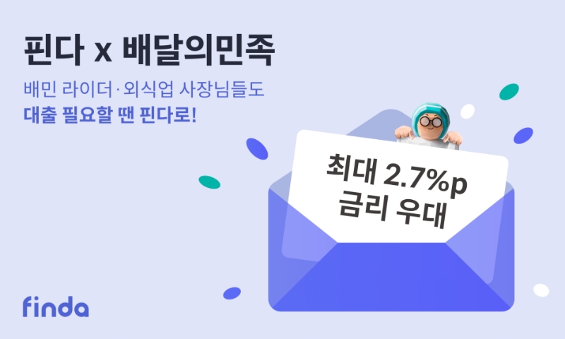 핀다가 배달의민족 운영사인 우아한형제들과 배민 라이더와 외식업 사장님을 위한 배민 전용 우대금리 혜택을 제공한다. /사진제공=핀다