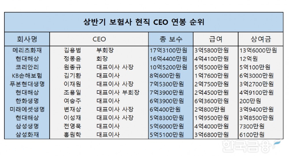 상반기 보험사 현직 CEO 연봉 순위. 자료=각 사 반기보고서