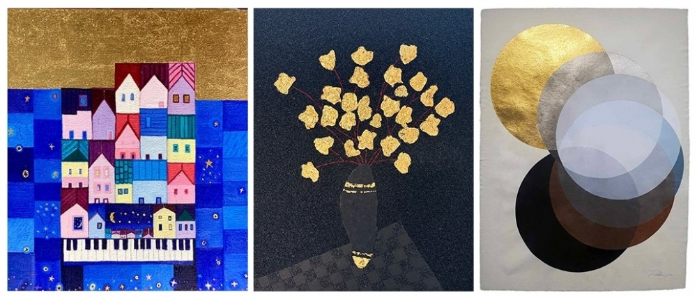 좌) 김현아, 달빛2, 2023, mixed 보media, 45.5x53.0cm. 중앙) 라상덕, 피다-second wind, 2023, charcoal powder on canvas, 45.5x54cm.우) 박미진, Combine cell series-Silver&Black,2023, Acrylic.Silver leaf on Paper, 57.0cmx75.0cm