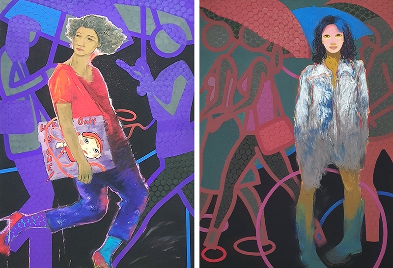 좌) “걸음은 곡선을 그리며”,한지_석채 분채, 130x97cm, 2023우) “Where you go”,한지_석채 분채, 130x97cm, 2023