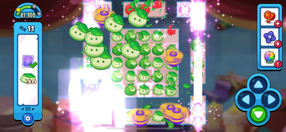 드래그를 통해 특수 아이템끼리 모으면 추가적인 파괴 효과가 발생한다. 화려한 그래픽으로 게임 플레이 쾌감을 배가시킨다. / 사진=퍼즈업 아미토이 앱 갈무리