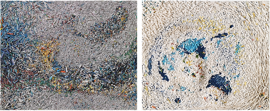 좌) 다양한 소리바다 이야기, 90.9×72.7㎝, 캔버스에 아크릴+신문지한지, 2023우) 숨긴 이야기-우주에서 본 지구, 53×45㎝, 캔버스에 아크릴+한지, 2023