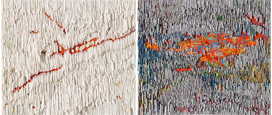 좌) 숨긴 이야기_다양한 길, 53×45㎝, 캔버스에 아크릴+한지, 2023우) 숨긴이야기_리즈21, 53×45㎝,캔버스에 아크릴+오일파스텔+신문지+한지, 2023