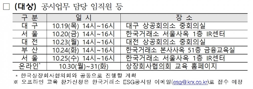 한국거래소(KRX‧이사장 손병두)가 최근 기업지배구조 보고서 가이드라인(Guideline‧안내 지침서)을 개정하고 지배구조 점검체계를 개편함에 따라 진행하는 ‘기업지배구조 보고서 가이드라인 개정 설명회’ 일정./자료제공=KRX