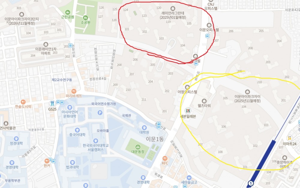 이문1구역 '래미안 라그란데' (붉은 원), 이문3구역 '이문아이파크자이'(노란 원) 위치도 / 자료=네이버 지도