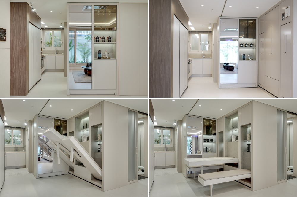 무빙 수납장과 전동 벽체식 다이닝 테이블의 배치로 공간 활용성을 극대화한 ‘H 트랜스포밍 월&퍼니처Ⅱ’./사진제공=현대건설