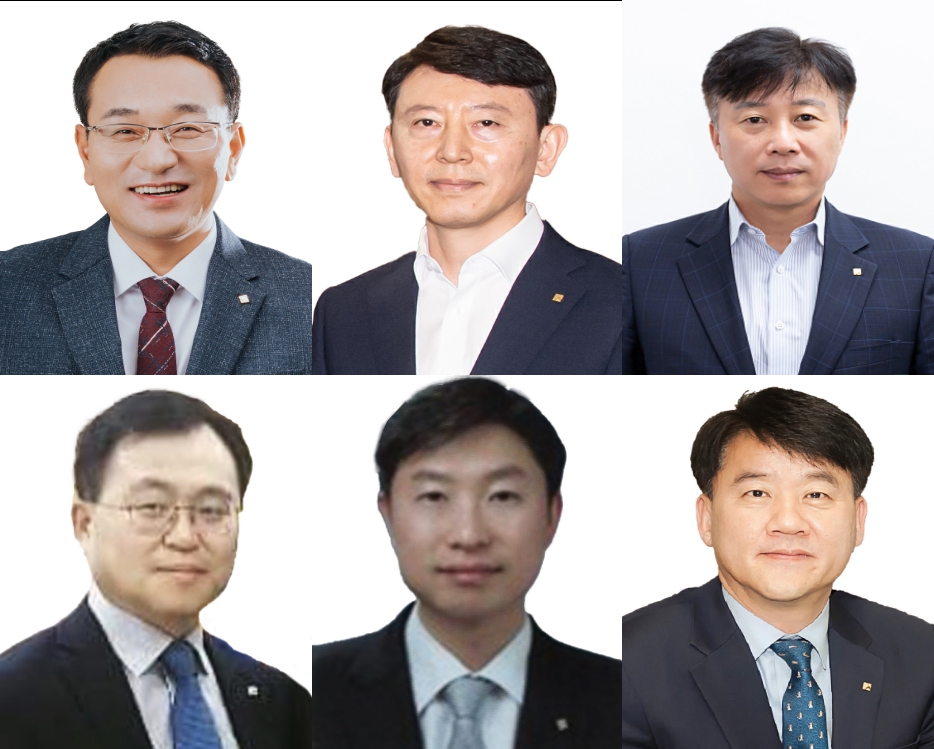 전상익 전북은행 2영업본부 부행장과 탁형재 전북은행 IT본부 부행장, 박성훈 전북은행 경영지원본부 겸 자산관리본부 부행장, 정동필 전북은행 언택트영업본부 부행장, 서두원 전북은행 마케팅전략본부 부행장, 김은호 전북은행 금융소비자보호부 부행장(왼쪽 위부터 시계방향). /사진제공=전북은행