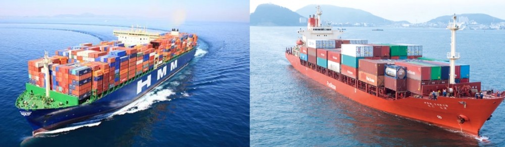 HMM 컨테이너선(왼쪽)과 팬오션 벌크선 모습./사진 = 각 사
