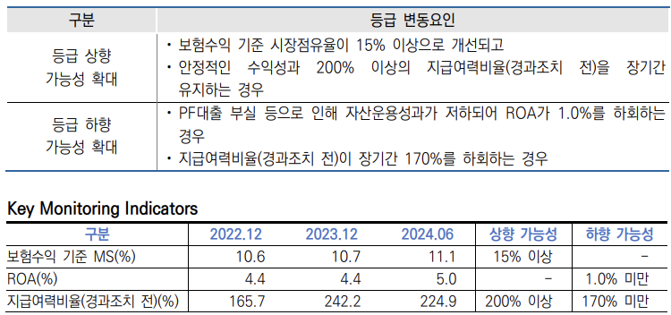 메리츠화재 신용등급 변동 요인과 주요 지표./출처=한국신용평가