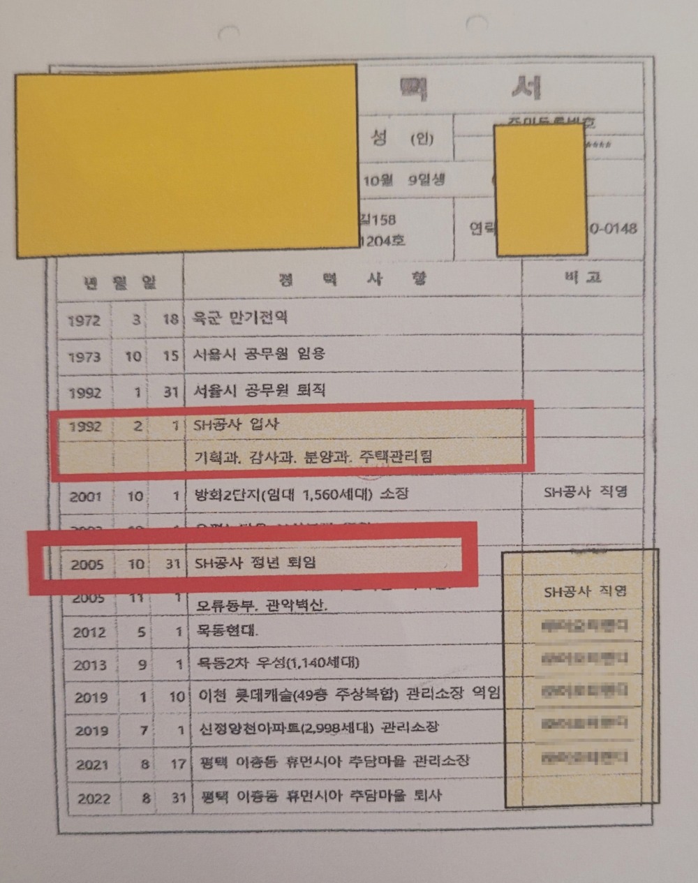 SH공사의 전관예우를 받던 관리소장 A씨 이력서./사진제공=제보자