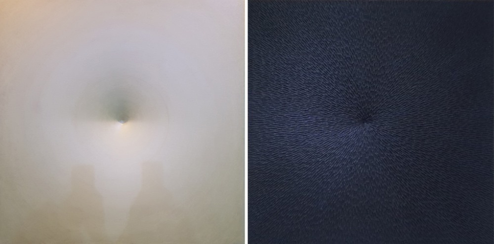 좌) 백공_2023, 한 점으로 말하다, 보조개 캔버스에 혼합재료, 90x90 cm.우) 백공_한 점으로 말하다, 2024, 보조개 캔버스에 혼합재료, 90x90 cm.