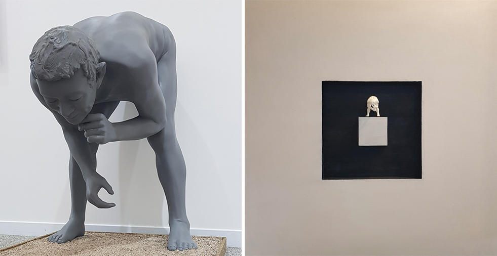 좌) 백공_일 잘하는 남자, 2024, 통찰 영zero의 공간을 응시하다, 조형(FRP), 총 길이 180cm 높이 110cm.우) 백공, SEM, 2024, 캔버스에 조형, 90x90 cm.