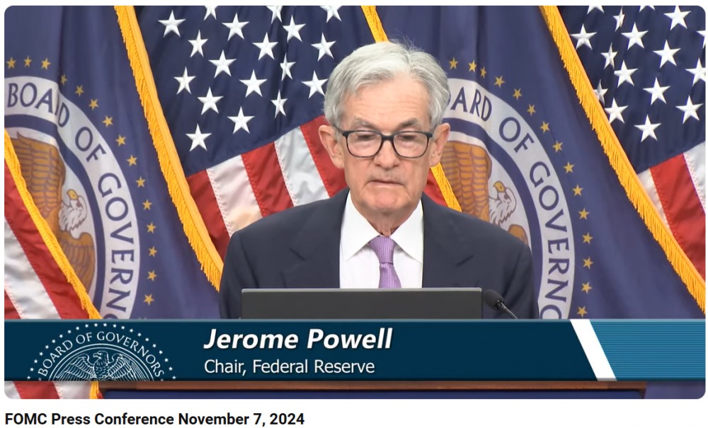 제롬 파월 미국 연준(Fed) 의장 기자회견(2024.11.07) / 사진출처= Federal Reserve 유튜브 채널 갈무리