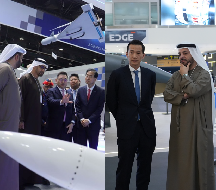 아랍에미리트(UAE)에서 열린 방위산업 전시회 IDEX 2025에 참석한 구본상 LIG 회장(왼쪽 사진에서 왼쪽에서 세 번째)과 김동관 한화 부회장(오른쪽 사진에서 왼쪽). /사진제공=각 사