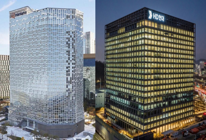 한화그룹 본사 사옥 전경(왼쪽)과 HD현대 판교 GRC 전경. /사진제공=각 사