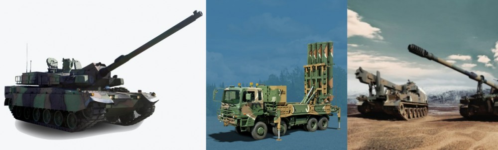 (From left to right) Hyundai Rotem K2 tank (Polish), LIG Nex1 M-SAM II, Hanwha Aerospace K9 self-propelled howitzer. /Photo courtesy of each company