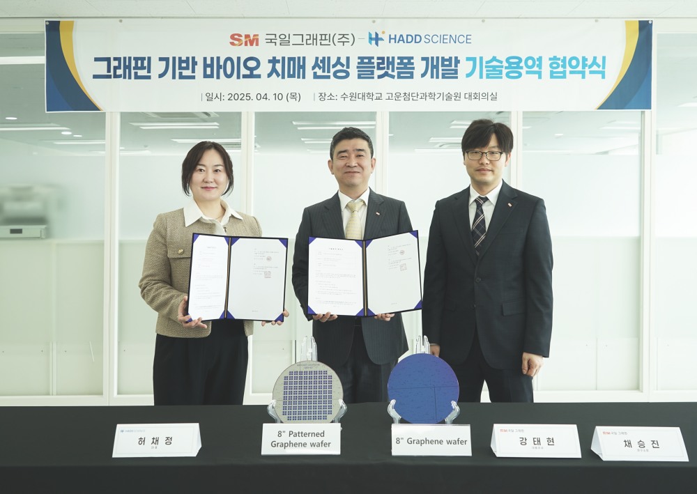 강태현 국일그래핀 대표(가운데)와 채승진 상무(오른쪽)가 허채정 하드사이언스 대표와 그래핀 기반 바이오 치매 진단 플랫폼 개발 기술용역 계약을 체결한 뒤 기념촬영을 하는 모습./사진제공=SM그룹
