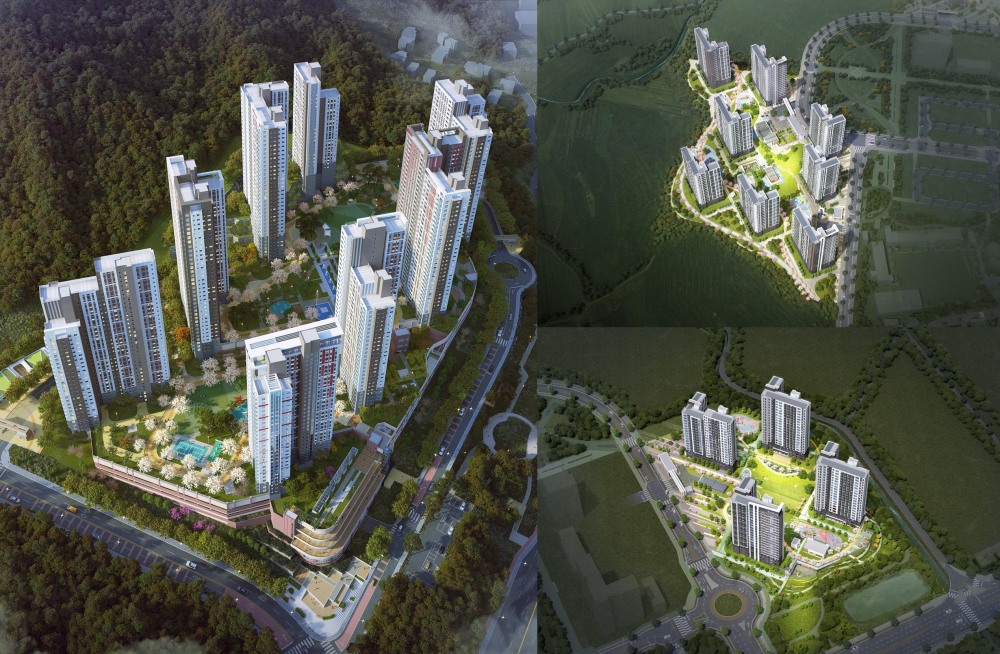 거제 아주 공공지원 민간임대주택 조감도(왼쪽), 밀양부북 A-1BL 조감도(오른쪽 위), S-2BL 조감도(오른쪽 아래). / 사진제공=BS한양