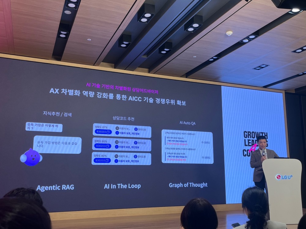 LG유플러스가 27일 서울 용산 사옥에서 ‘AI 상담 어드바이저’에 대해 설명하는 자리를 마련했다. 사진은 이진희 신규서비스개발랩 담당이 자체 개발한 AI 기술 3종을 소개하고 있는 모습. / 사진=정채윤 기자