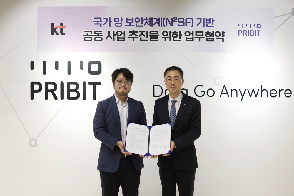 KT는 프라이빗테크놀로지와 국가망보안체계(N2SF) 기반 공공 보안 협력 생태계 구축을 위해 협력한다고 25일 밝혔다. 사진은 유용규 KT 엔터프라이즈부문 공공사업본부장(오른쪽)과 김영랑 프라이빗테크놀로지 대표가 기념사진을 촬영하는 모습. / 사진=KT